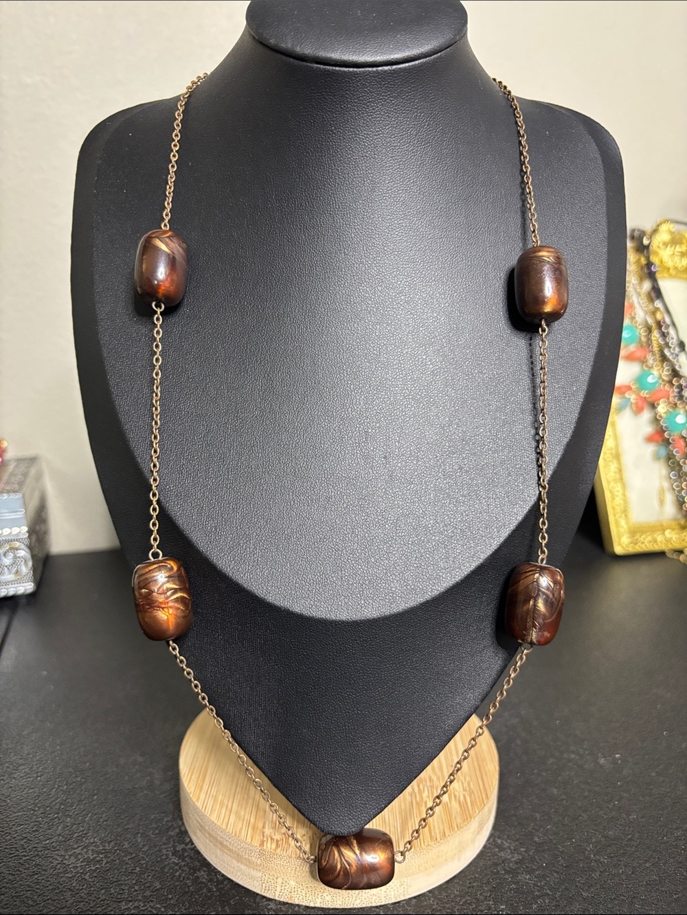 Long Rootbeer Swirl Brown Bead Necklace Antique Gold Chain Jewelry